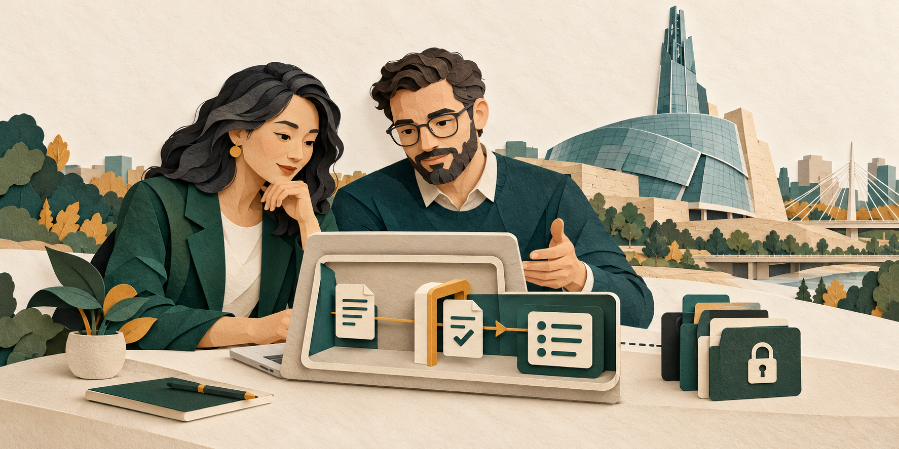 Paper-cut illustration of colleagues reviewing controlled agent access with the Canadian Museum for Human Rights in Winnipeg behind them.