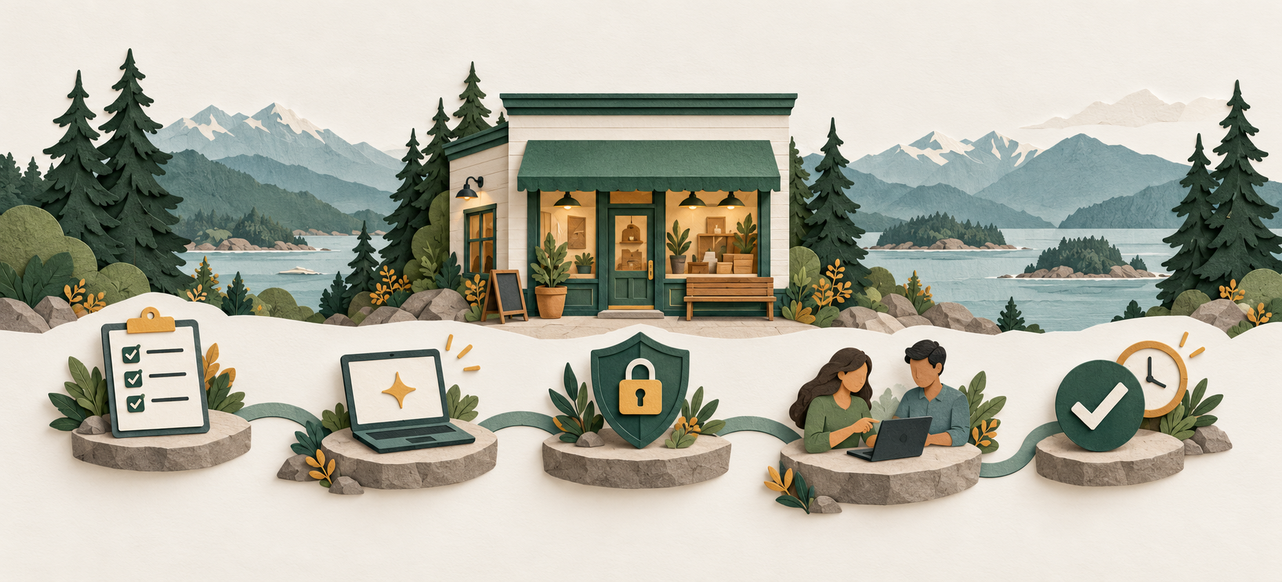 Illustration of a British Columbia small business and five steps for an AI pilot: choose a task, test a tool, protect data, train a teammate, and review results.