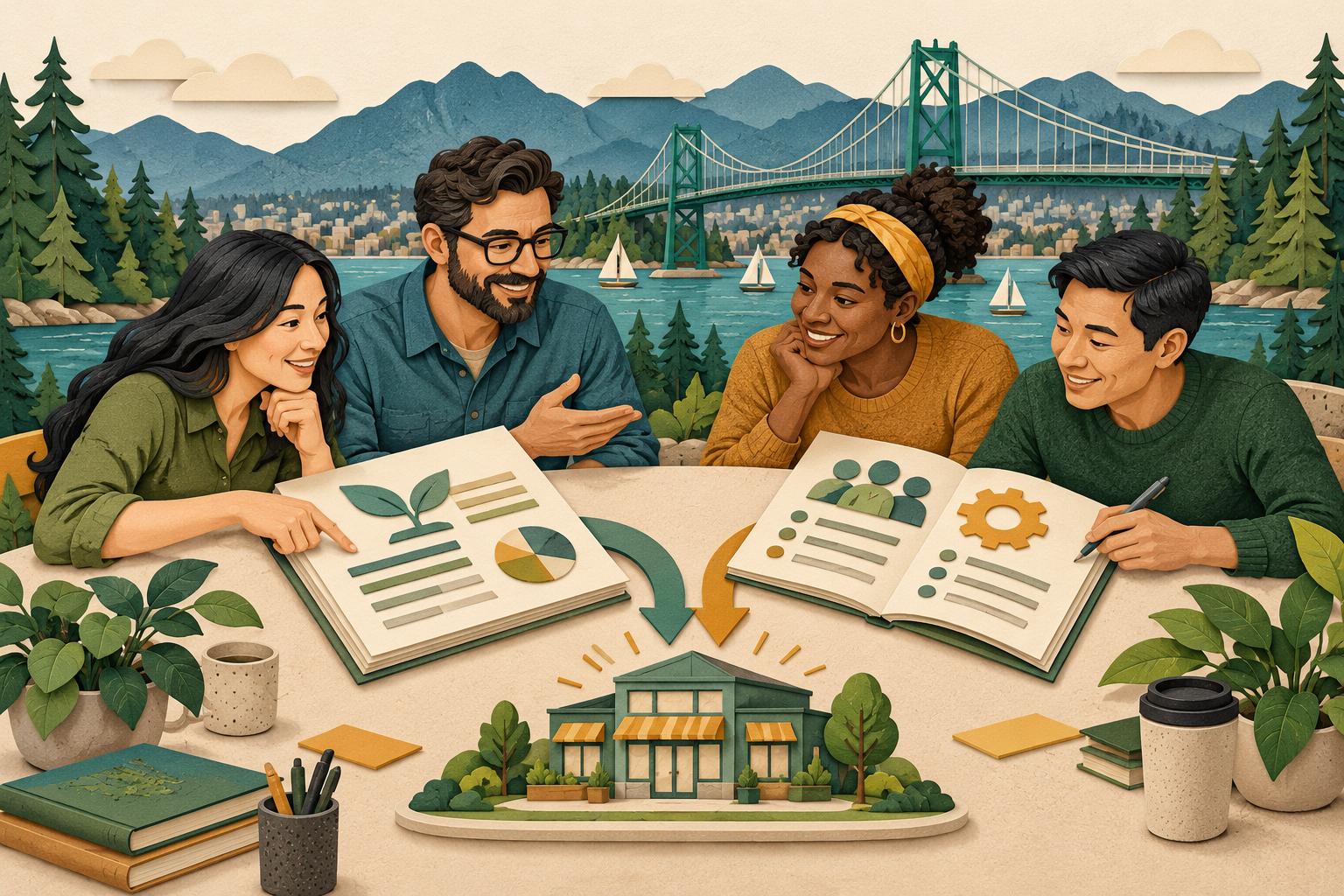 Paper-cut illustration of a team combining financing and skills training with Vancouver Lions Gate Bridge in the background.