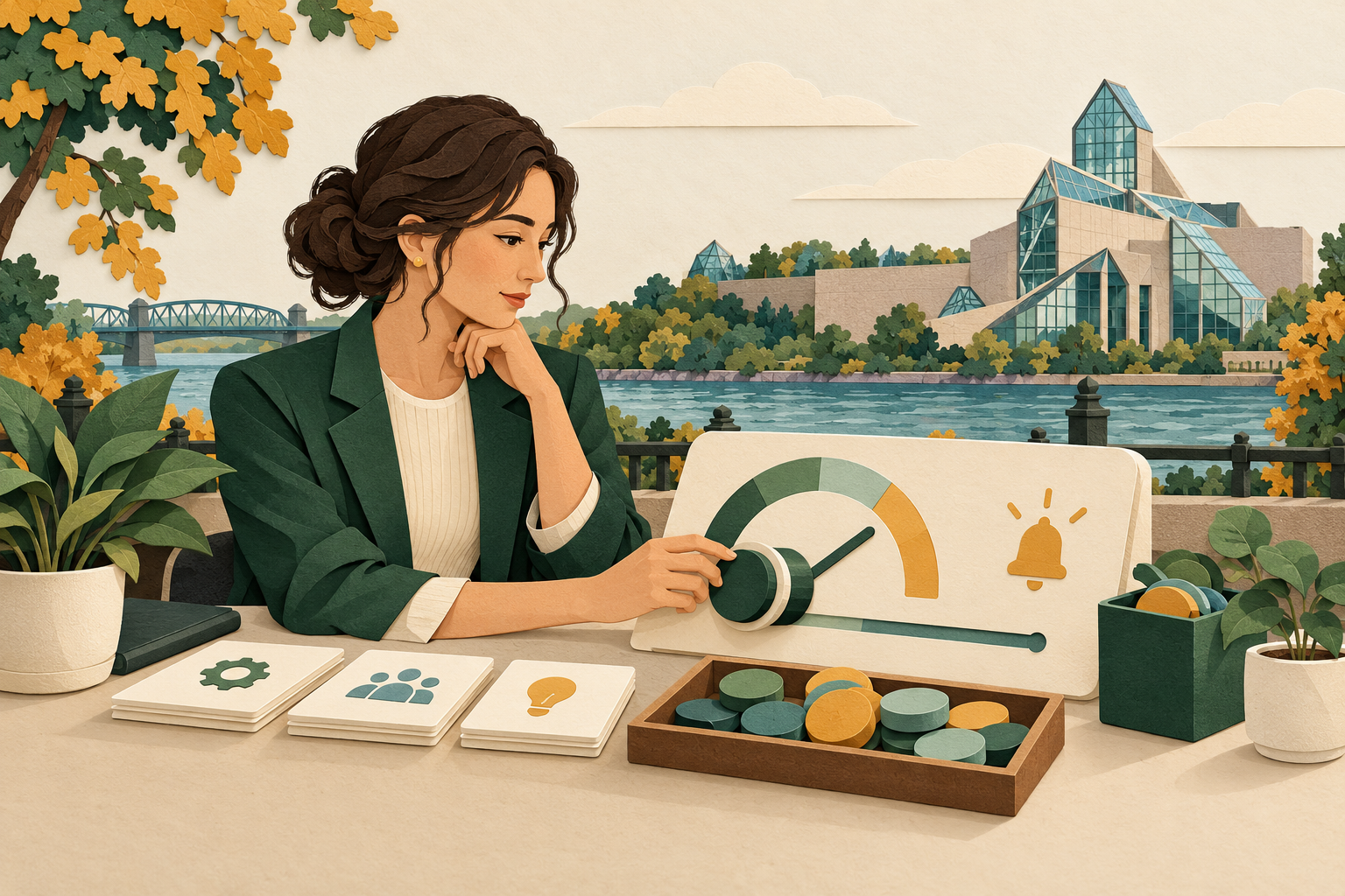 Paper-cut illustration of a business owner setting a usage cap and spending alert with the National Gallery of Canada in the background.